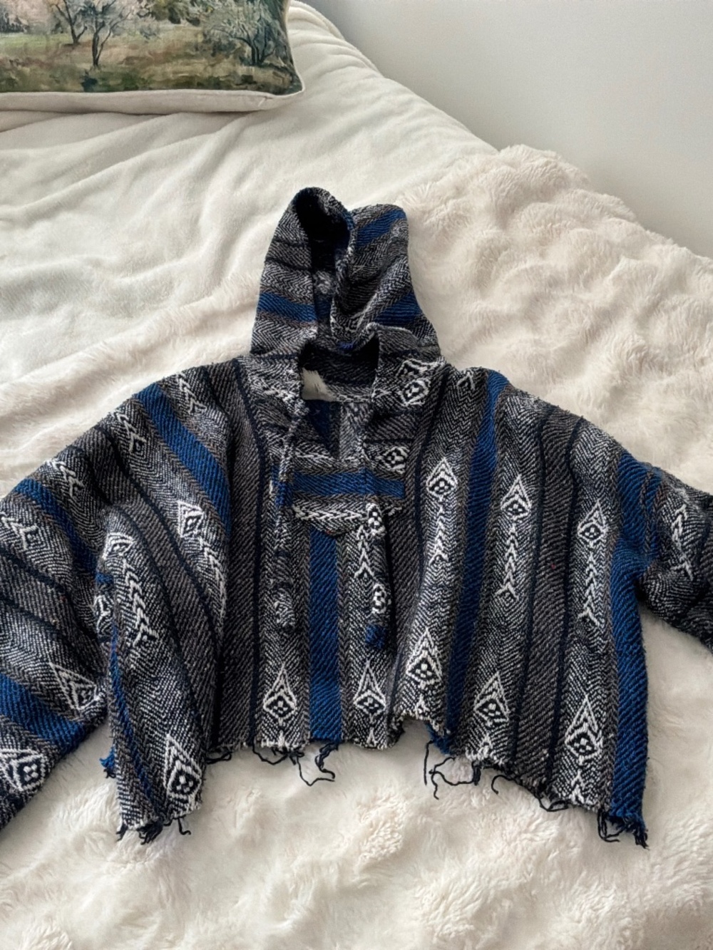 Custom Cropped Boho Mexican Baja Hoodie Blue Black Striped Pullover Grunge OS